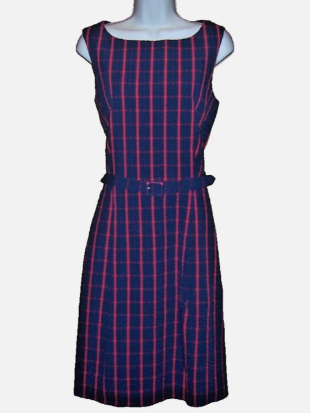 LL Bean Signature Seersucker Dress Checkered Plaid Navy Blue Red Size 12